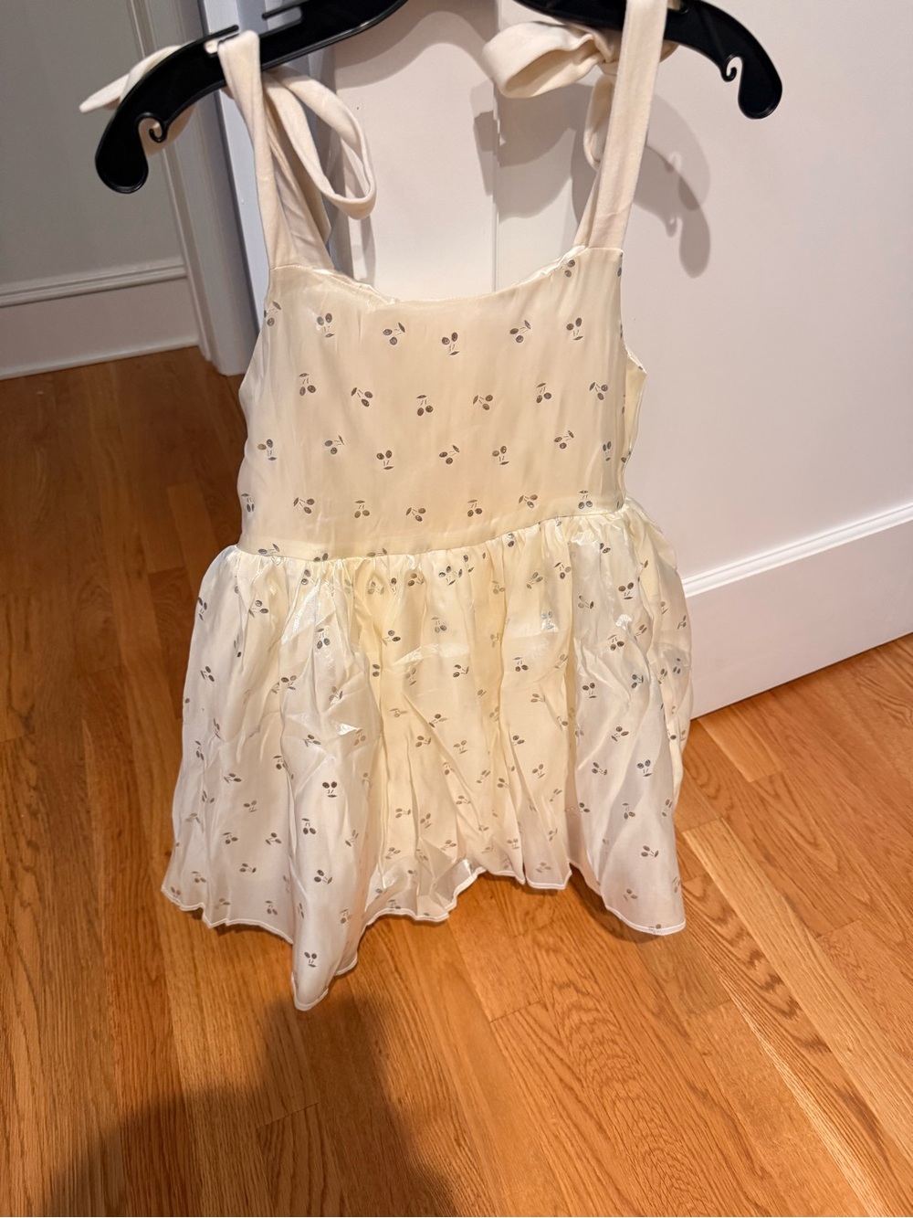 Lola + The Boys Cream Satin Tie-Shoulder Party Dress with silver cherries